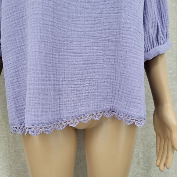 Democracy Cotton Woven Crochet Square Neck Short Bubble Sleeve Scallop Hem Top - Picture 5 of 13